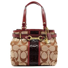 Coach 12466 Beige Burgundy Python Hamptons Tote Bag Beige