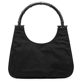 Gucci 001 3739 Mala de ombro em nylon preto com bambu Preto
