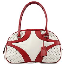 Prada Borsa Bowling B11334 in pelle traforata bianca e rossa Rosso