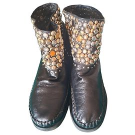 Autre Marque Karma of Charme Black Leather Studded Ankle Boots Black