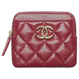 Chanel Porta-moedas acolchoado CC em couro caviar borgonha Bordeaux