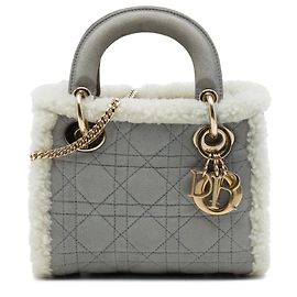 Mini Lady Dior em camurça Cannage cinza com acabamento em shearling Marrom