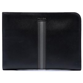 Prada Black Saffiano Zip Around Portfolio Black