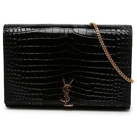 Autre Marque Saint Laurent Cartera Cassandre con cadena en charol negro efecto cocodrilo Negro