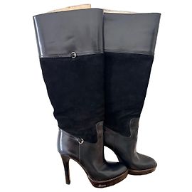 Gucci Black Leather and Suede High Heel Platform Boots Black