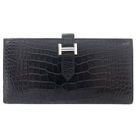 Hermès NEW HERMES BEARN WALLET MATTE BLACK ALLIGATOR CROCODILE LEATHER Black