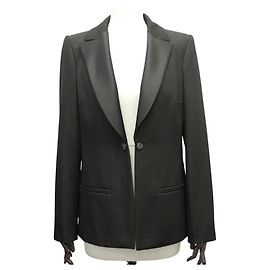 NEW CHANEL BLACK SEQUIN TUXEDO JACKET 40 M SATIN WOOL BLAZER JACKET Black