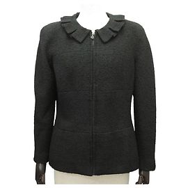 NEW CHANEL BLACK WOOL TWEED JACKET 40 M MOCK NECK CC LOGO JACKET Black