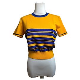Vintage Yves Saint Laurent Knit Crop Top Yellow Blue Stripes M Gelb