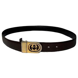 Cinto Vintage Gucci de couro com fivela Interlocking G c. final dos anos 1970 Castanho escuro Marrom