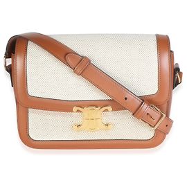 Céline Bolsa Triomphe Medium Celine em pele de vitelo natural e têxtil branco e tan Bege