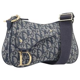 Christian Dior Trotter Canvas Saddle Shoulder Bag Navy Gold Tone Autre