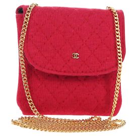 CHANEL Matelasse Chain Shoulder Pouch Cotton Red Gold CC Otro