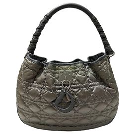 Christian Dior Sac à épaule Cannage Nylon Cuir Gris Vert Vert Gris