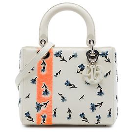 Dior White Medium Lambskin Floral Sequin Lady Dior Blanc