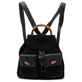 Mochila Gucci Large em camurça preta com cordão e bambu Preto