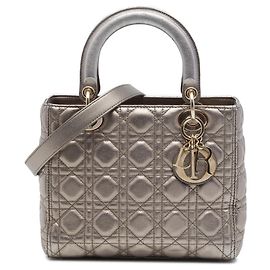 Dior Silver Medium Metallic Lambskin Cannage Lady Dior Argento