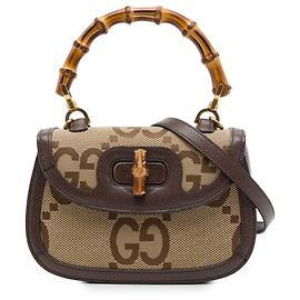 Gucci Beige Small Jumbo GG Canvas Web Bamboo 1947 Top Handle Bag Bege