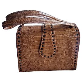 Autre Marque Hélène Angeli Brown Studded Crocodile-Embossed Leather Handbag Brown