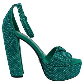 Prada Crystal Embellished Ankle Strap Platform Heels in Green Satin Green