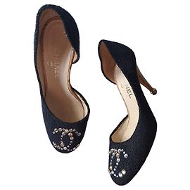 Escarpins Chanel Tweed Noir Strass CC Noir