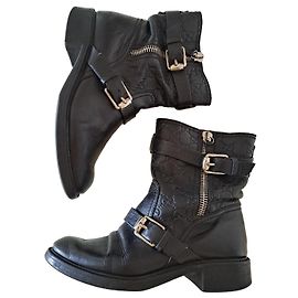 Gucci Bottines Biker en Cuir Noir Monogramme GG Noir