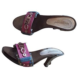 Dolce & Gabbana Sandálias Anabela em Couro Rosa e Denim Marrom Rosa Azul