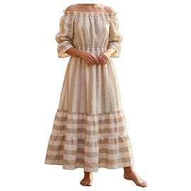 Autre Marque Crida Gestreiftes langes Leinenkleid Weiß Beige