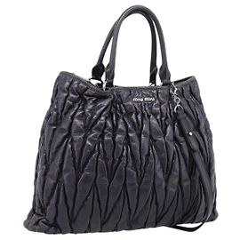 Miu Miu Matelasse Bolsa de Mão Couro 2way Preta Prata Outro