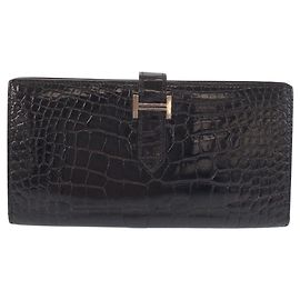 Hermès Cartera larga Hermes Bearn Soufflet Alligator Negro