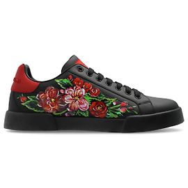 Dolce & Gabbana Sneaker aus schwarzem Leder mit Blumenmuster Schwarz