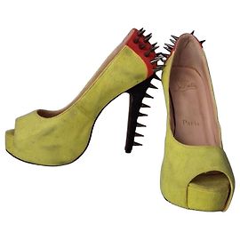 Christian Louboutin Yellow Suede Spiked Platform Heels Red Yellow