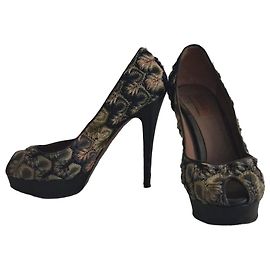 Missoni Patterned Fabric Platform Peep-Toe Heels Black Beige Green