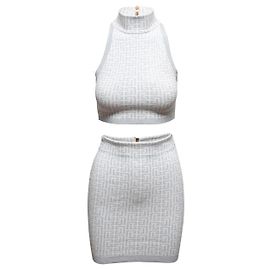 Light Blue & White Balmain Metallic Knit Halter & Skirt Set Size FR 34 Metallic
