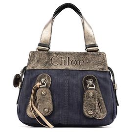 Chloé Borsa Tote in Denim Navy e Pelle Argentata con Logo Blu navy