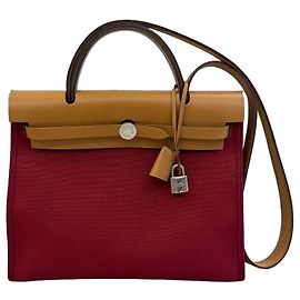 Hermès Herbag 31 Borsa in Canvas Rosso e Pelle Naturale Rosso Cammello
