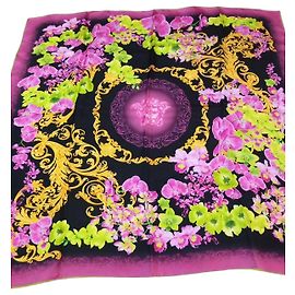 Pañuelo de seda Versace estampado floral Negro Rosa Dorado Verde