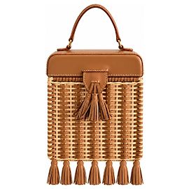 Autre Marque Serpui Mini Sac Panier en Paille Tressée et Cuir Marron Paille