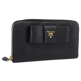 PRADA Portefeuille long en cuir Saffiano Noir Or Autre