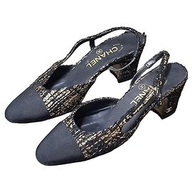 Escarpins slingback Chanel tweed noir et or cuir Noir Doré