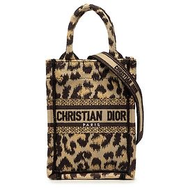 Dior Beige Mizza Mini Embroidered Canvas Leopard Vertical Book Tote Bege