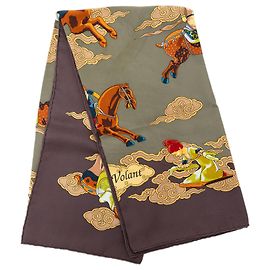 Lenço de seda Hermès Brown Galop Volant 90 Marrom Caqui