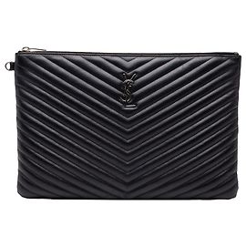 Autre Marque Portadocumenti Saint Laurent in pelle chevron nera con monogramma Nero