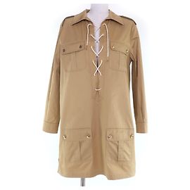 Céline Vestido safari de algodón y lino con botones Triomphe CELINE Beige