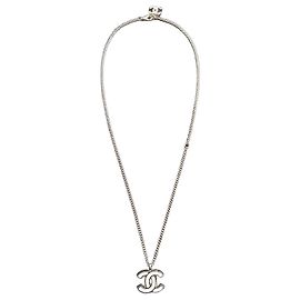 Chanel Double CC Logo White Enamel Pendant Necklace Silvery White