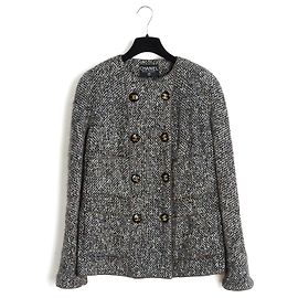 Chanel 1992 Black Tweed Double Breasted CC Jacket Brown White Grey
