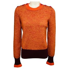 Pull-over en maille de laine et cachemire chinée orange / bordeaux Chanel avec boutons logo CC Orange