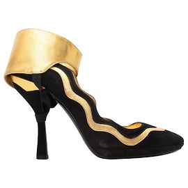 Black & Gold Prada Suede & Leather Ankle Strap Pumps Size 37 Black