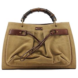 Gucci 109138 Khaki Canvas Handtasche mit Bambusgriff Khaki