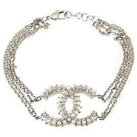 Pulsera de cadena Chanel Coco Mark con perlas falsas y cristales Plata